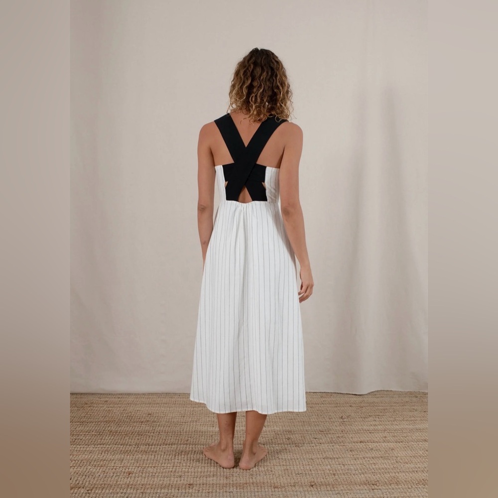 Luxmii Gessato Midi Dress NWT Cream Pinstripe Linen Back Detail Minimalist L